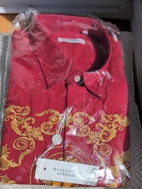 NWT - 🔥 Versace Collection Red Shirt with Gold Embroidered Baroque Motif 🔥